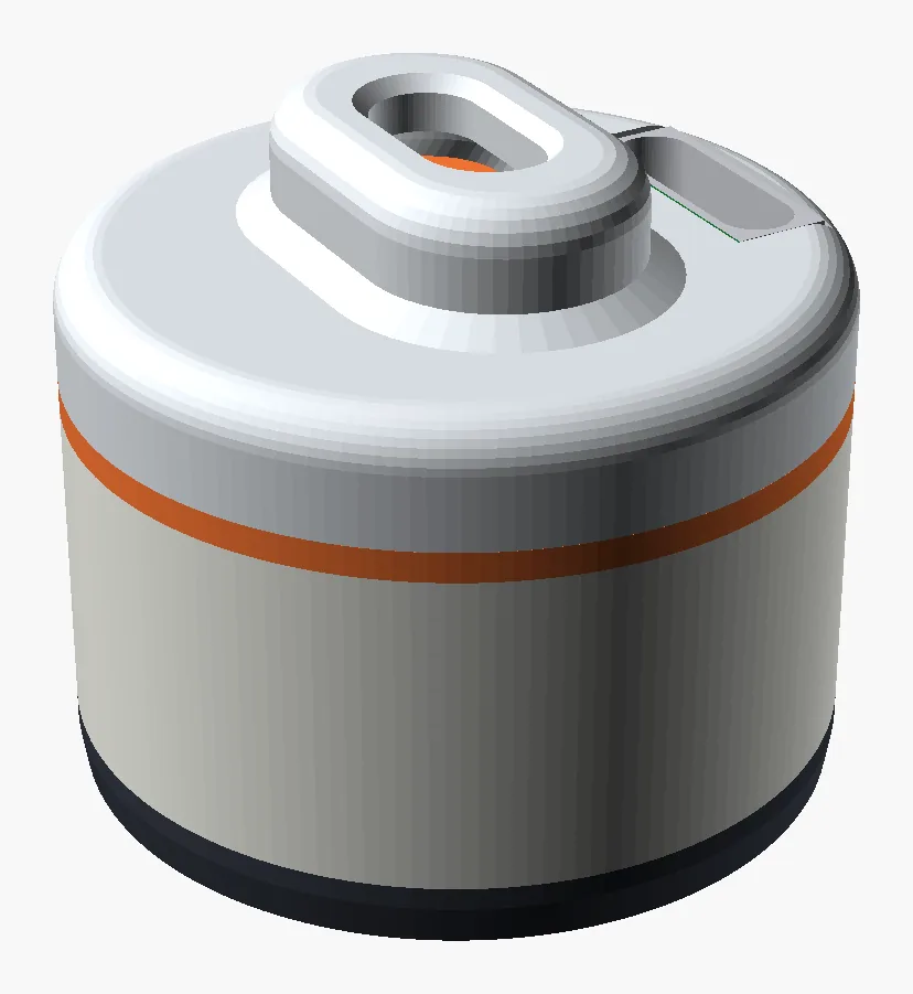 CAD render of the 25.4 mm collar: a white cylinder with an orange band, a raised oval mouthpiece and a slot for the USB-C plug on top.
