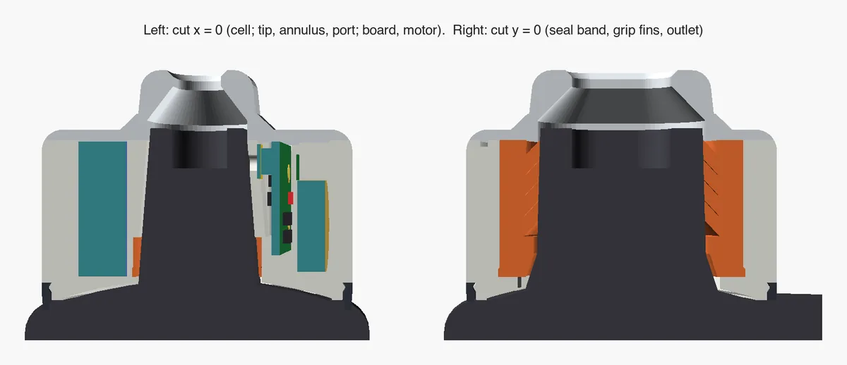 Two CAD cross-sections of the collar on the vape tip, showing the cell, the board and the motor beside the tip, and orange grip fins.