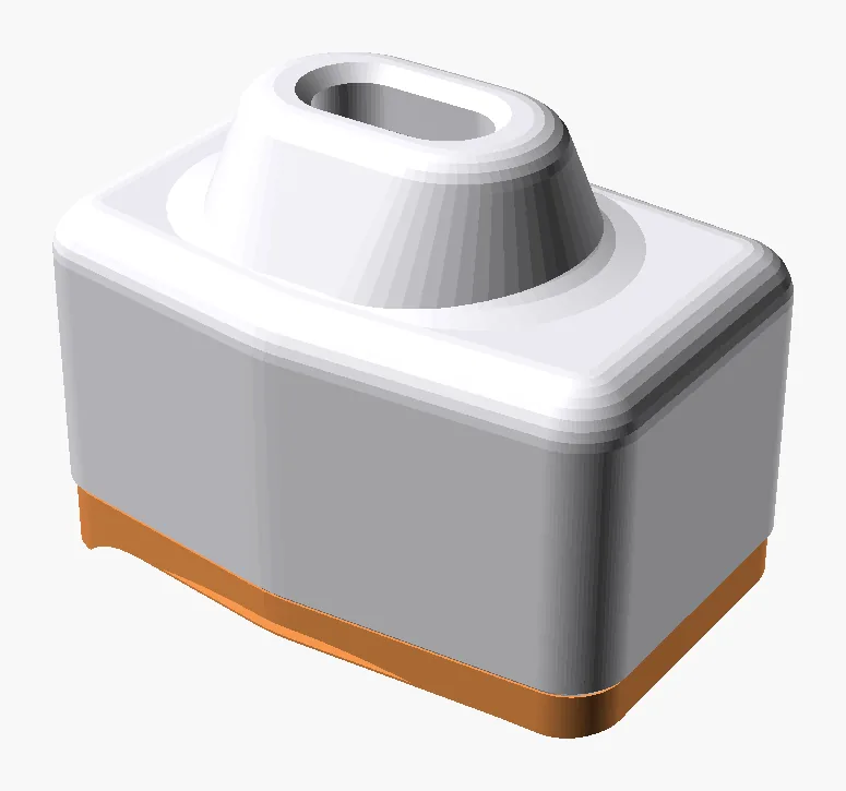 CAD render of the pocket-proof Cap: a rounded box with a raised oval mouthpiece and an orange TPU band at the base.