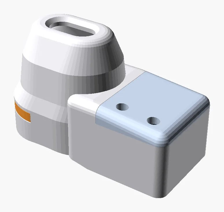 CAD render of the side pod: a tapered mouthpiece tower beside a rounded box.