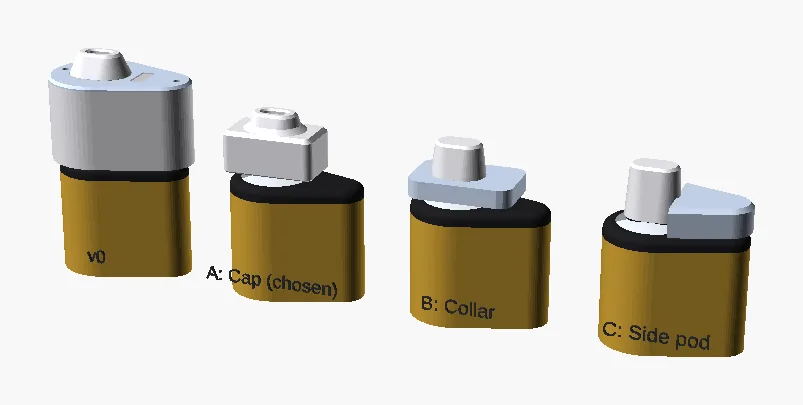Four CAD renders on the same vape: v0, A: Cap (chosen), B: Collar and C: Side pod.