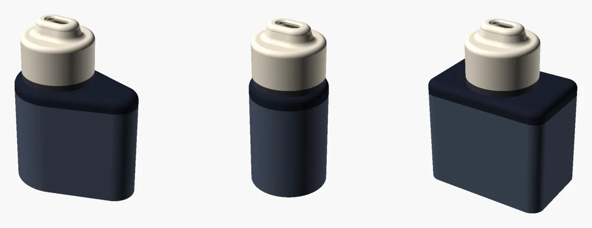 The mushroom concept, a cream puck with a stepped mouthpiece, on three dark vapes: a wedge, a 24 mm round and a 40 x 26 box.
