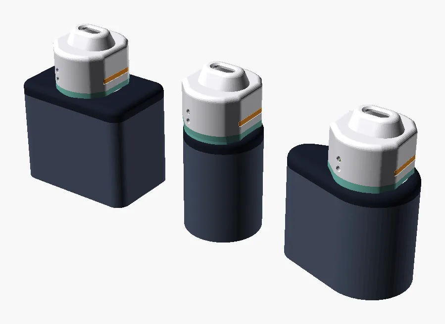 The pod3 concept, a faceted white pod, on the box, the round and the wedge vapes.