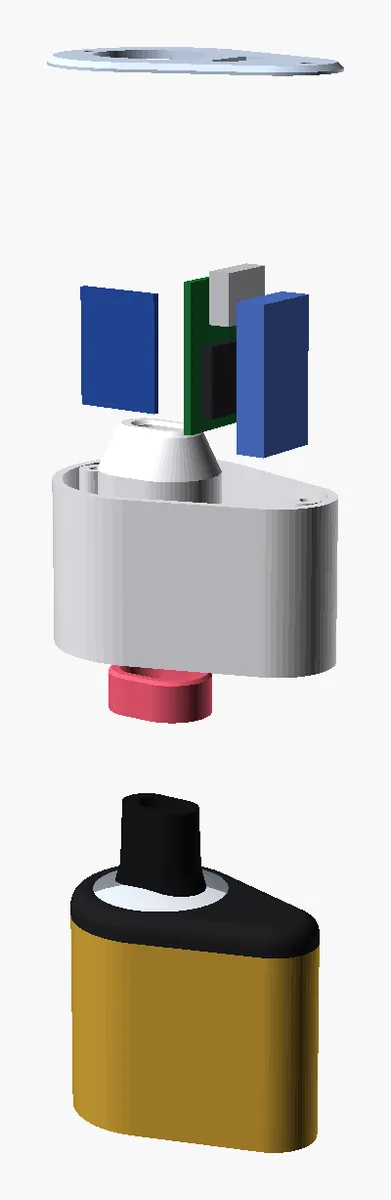Exploded CAD render of v0: lid, a small green dev board with two blue blocks, the housing, a pink seal and the vape below.